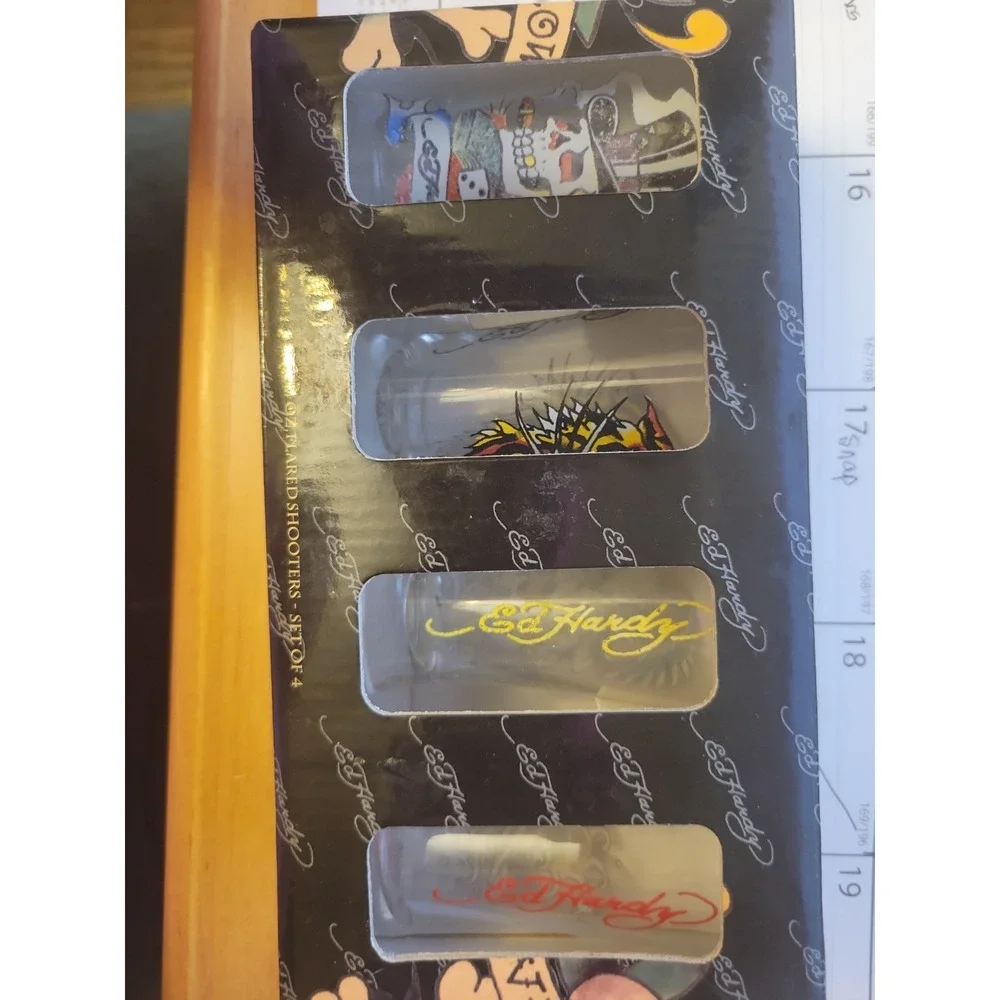 4 Don Ed Hardy Shot Glasses Bar Ware Skulls Tiger Koi Fish Boxed Set